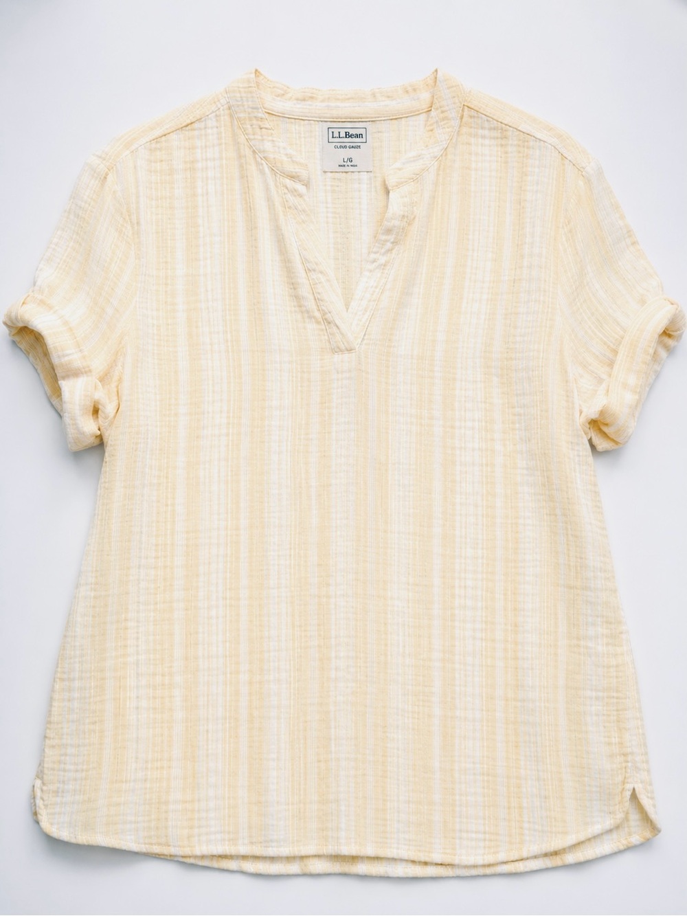 L.L.Bean Cloud Gauze Short Sleeve Shirt yellow striped pattern v-neckline lg - Picture 2 of 8